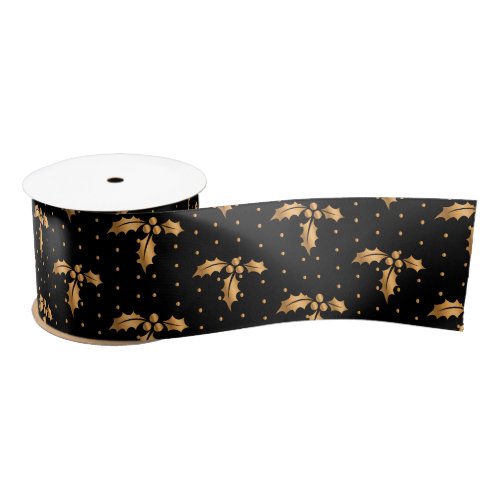 Gold and Black Christmas Holly Satin Ribbon