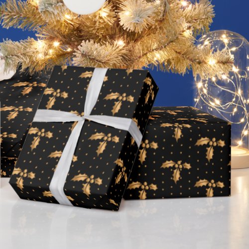 Gold and Black Christmas Holly Wrapping Paper