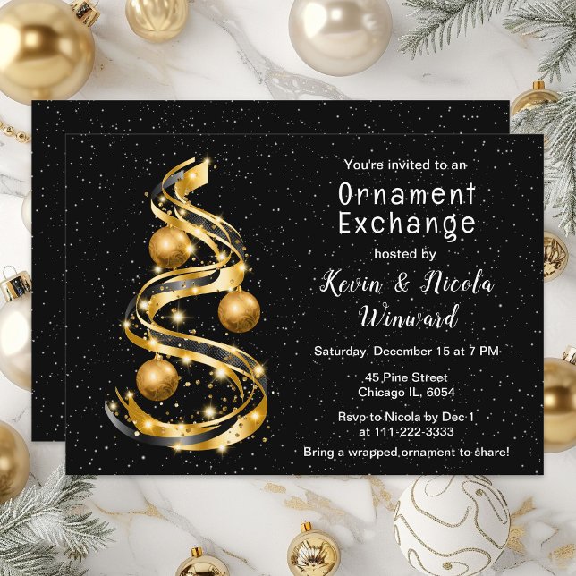 Gold and Black Christmas Ornament Exchange Invitation (Creator Uploaded)