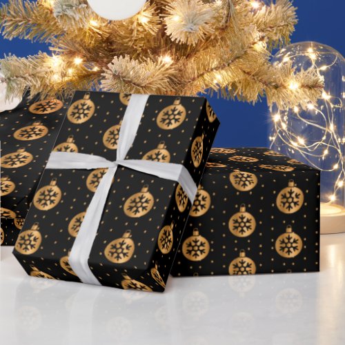 Gold and Black Christmas Ornaments Wrapping Paper