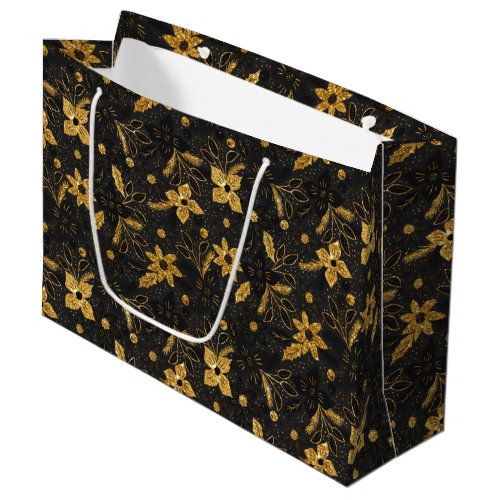 Gold and Black Christmas Poinsettia Flowers Large Gift Bag