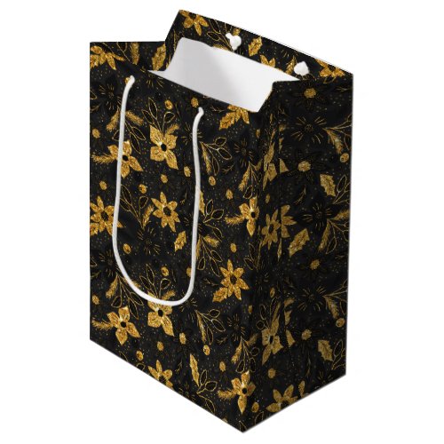 Gold and Black Christmas Poinsettia Flowers Medium Gift Bag