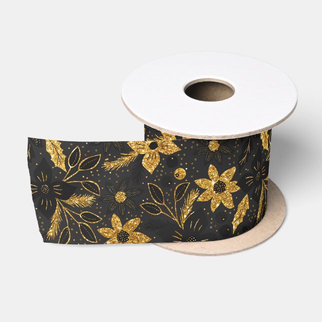 Gold and Black Christmas Poinsettia Flowers Satin Ribbon (Spool)