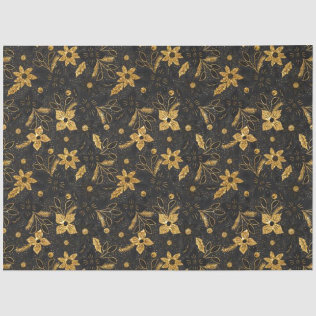 Gold and Black Christmas Poinsettia Flowers Tissue Paper (Front)