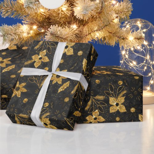 Gold and Black Christmas Poinsettia Flowers Wrapping Paper