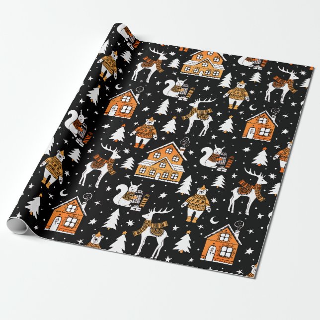Gold and Black Christmas Polar Bear Deer Winter Wrapping Paper (Unrolled)