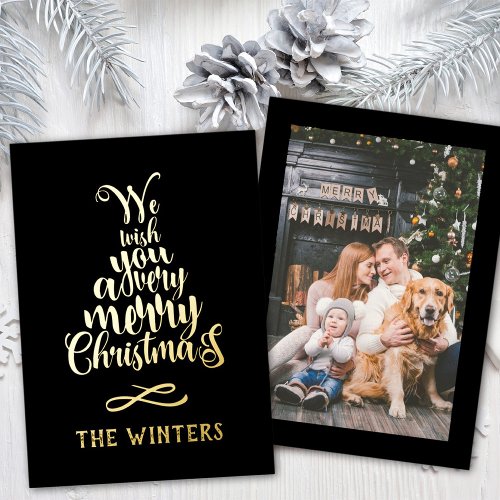 Gold and Black Christmas Tree Lettering Photo Foil Holiday Card