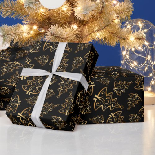 Gold and Black Christmas Trees Wrapping Paper