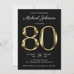Gold and Black Classy 80th Birthday Party Invitation