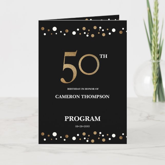 Gold and Black confetti 50th birthday program (Front)