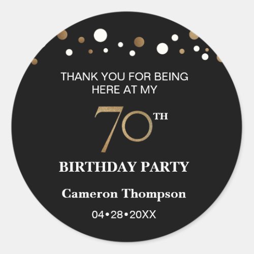 Gold and black confetti 70th birthday party classic round sticker