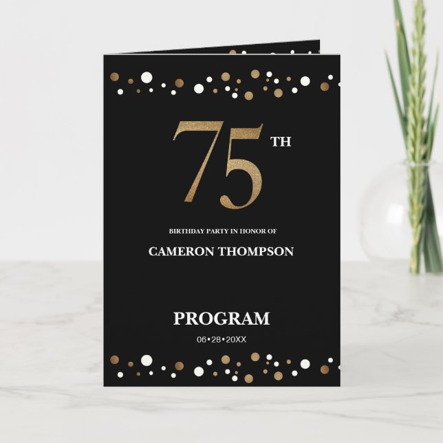 Gold and Black confetti 75th birthday program (Front)