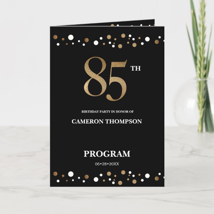 Gold and Black confetti 85th birthday program | Zazzle