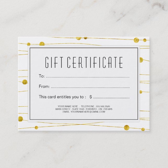 Gold and Black Confetti Strands Gift Certificate (Front)