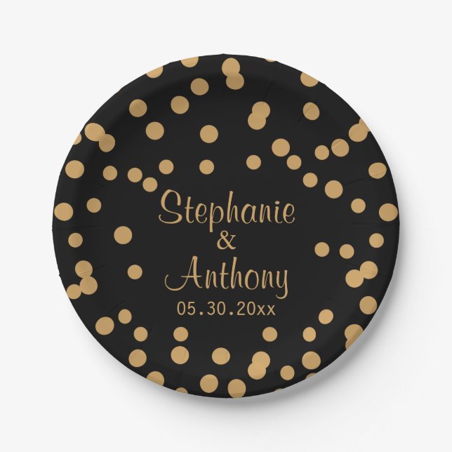 Gold and Black Confetti Wedding Paper Plates (Front)