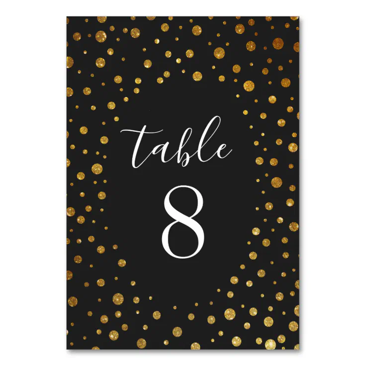 Gold and Black Confetti Wedding Table Number Cards | Zazzle