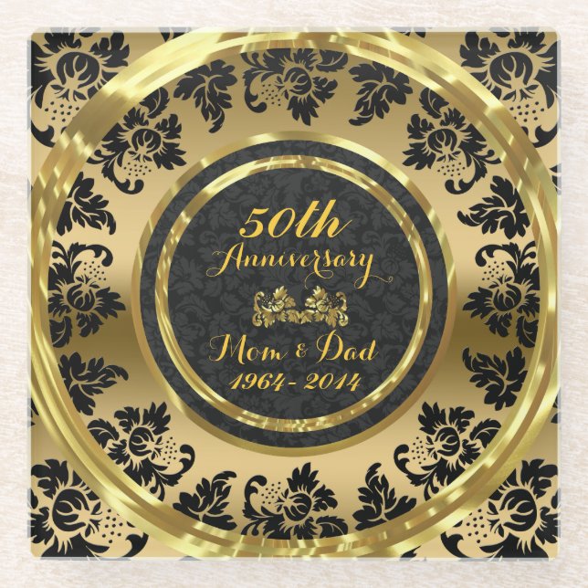 Gold And Black Damask. 50th Wedding Anniversary Glass Coaster (Front)