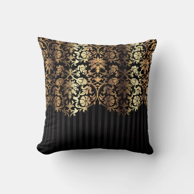 Gold and Black Damask and Stripes Throw Pillow (Front)