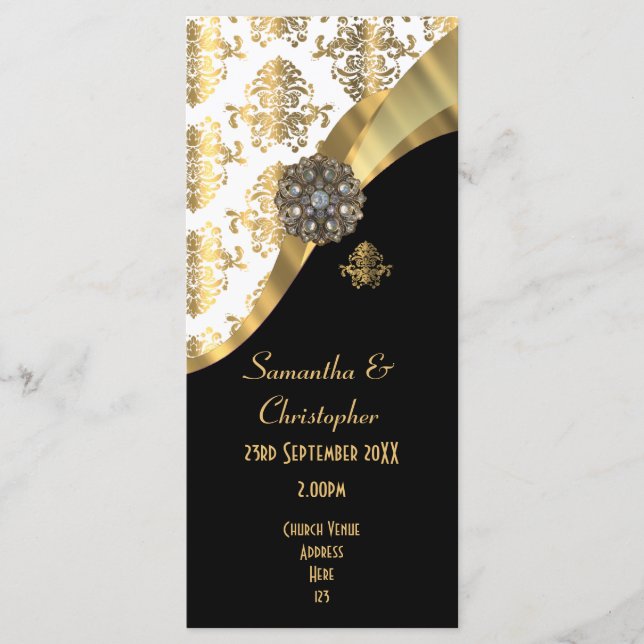 Gold and black damask church wedding program (Front)