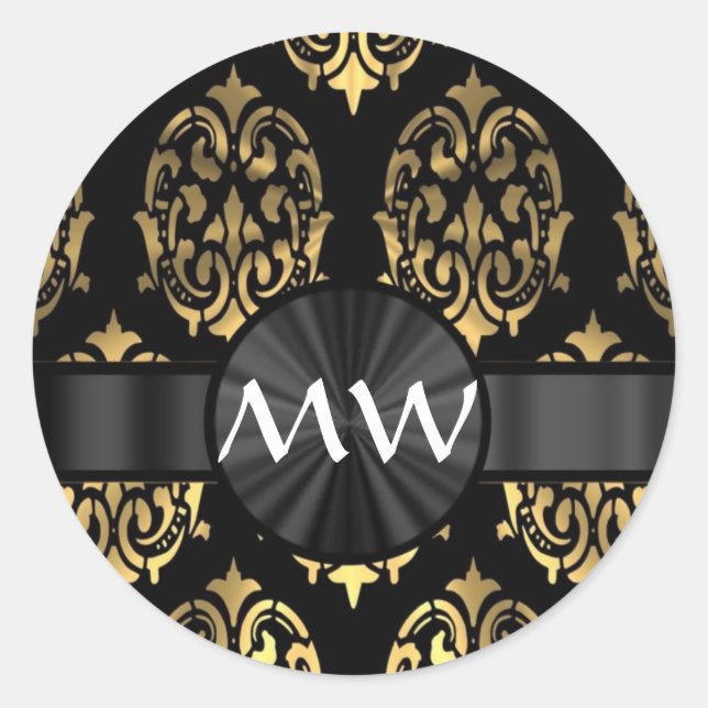 Gold and black damask classic round sticker (Front)