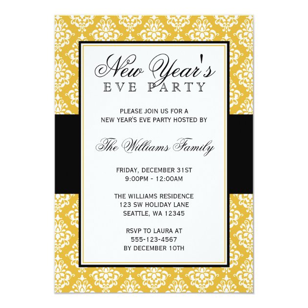 Gold And Black Damask New Years Eve Party Invitation