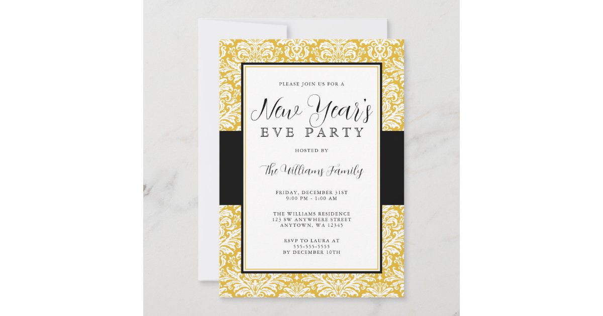 Gold and Black Damask New Years Eve Party Invitation | Zazzle