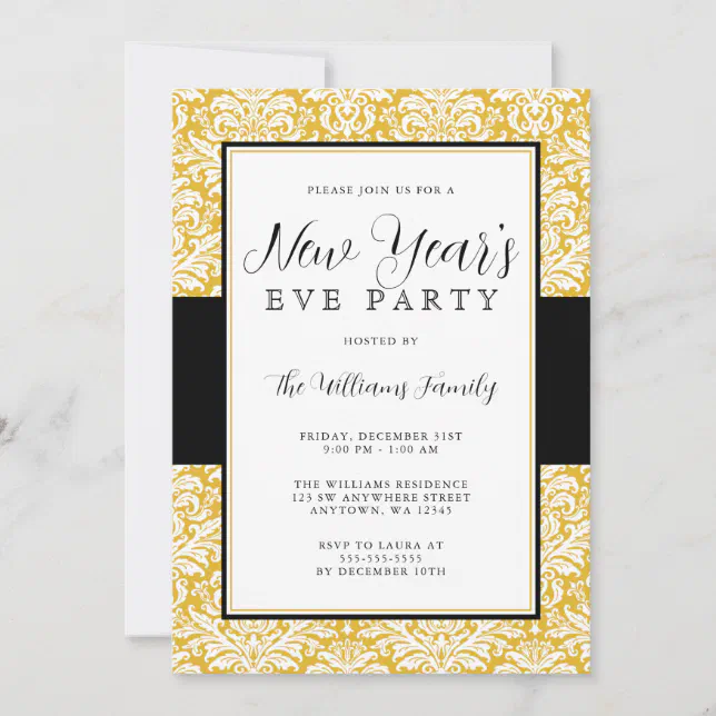 Gold and Black Damask New Years Eve Party Invitation | Zazzle