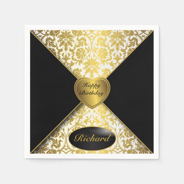 Gold and Black Damask Paper Napkins (Front)