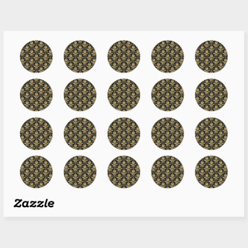 Gold and black damask pattern classic round sticker