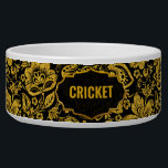 Gold and Black Damask Pattern Custom Name Bowl<br><div class="desc">Gold vintage floral damask on a changeable black background with a customizable name for your baby dog.</div>