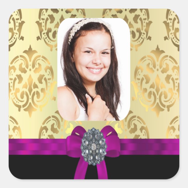 Gold and black damask square sticker (Front)