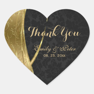Gold And Black Damask-Thank You Heart Sticker