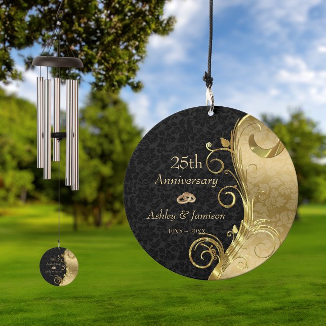 Gold And Black Damask Wedding Anniversary Wind Chime (Outdoor)