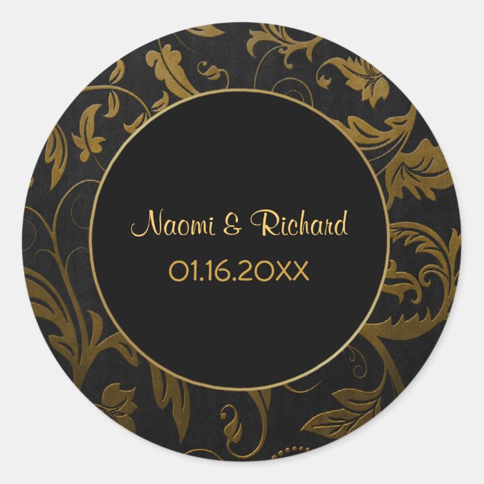 Gold and Black Damask Wedding Seal   Customize Round Sticker