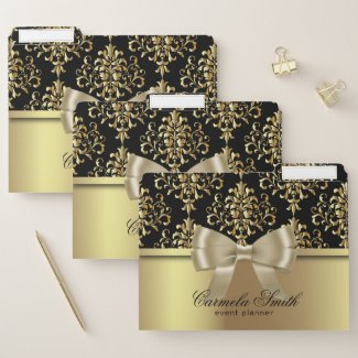 Gold And Black Damask With Bow Tie And Custom Name File Folder