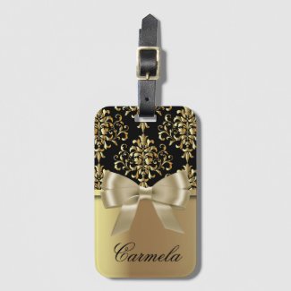 Gold And Black Damask With Bow Tie And Custom Name