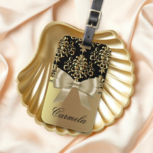 Gold And Black Damask With Bow Tie And Custom Name Luggage Tag