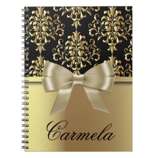 Gold And Black Damask With Bow Tie And Custom Name Notebook