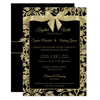 Gold and Black Damask with Bow Wedding Card