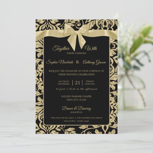 Gold and Black Damask with Bow Wedding Invitation | Zazzle