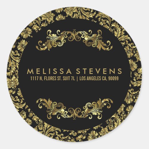Gold And Black Damasks And Floral Frame Classic Round Sticker
