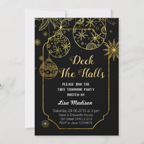 Gold and Black Deck The Halls Party Invitation