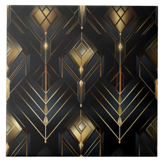Gold and Black Deco, Chiaroscuro, Isometric Ceramic Tile (Front)