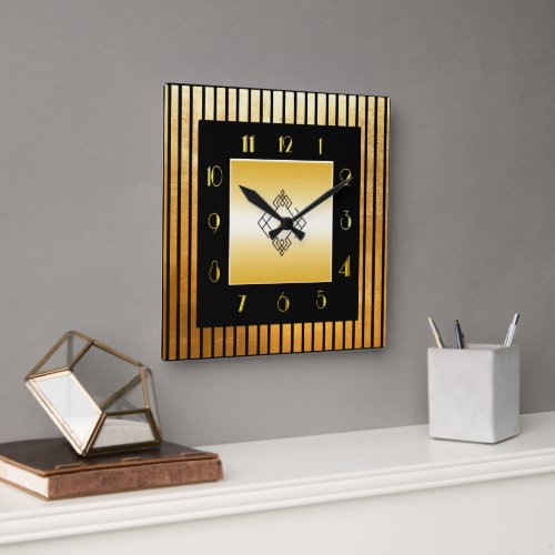 Gold and Black Deco Style Square Clock