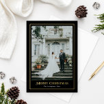 Gold and Black Decorative Photo Border Foil Holiday Card<br><div class="desc">Simply elegant holiday photo card features a portrait picture with a decorative yet minimalistic gold foil border frame of intersecting stripes. Includes "Merry Christmas" wording in beautiful scrolling serif typography with black colored background - can be modified. Bonus optional photo and wording can be personalized on the back of the...</div>