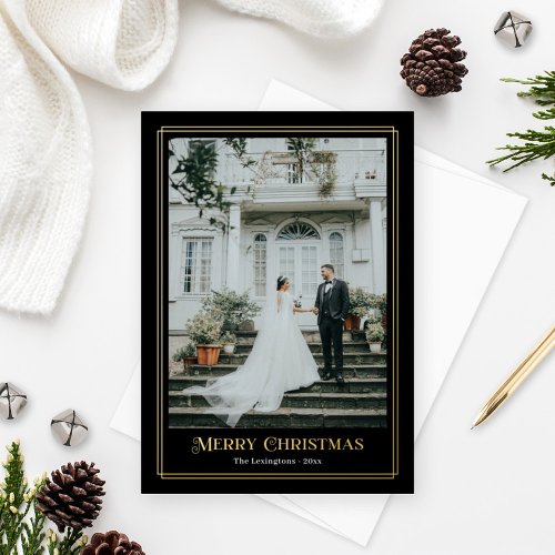 Gold and Black Decorative Photo Border Foil Holiday Card