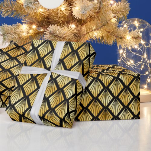 Gold and Black Diamond Art Deco Pattern Wrapping Paper