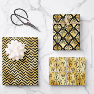 Gold and Black Diamond Art Deco Patterns Wrapping Paper Sheets