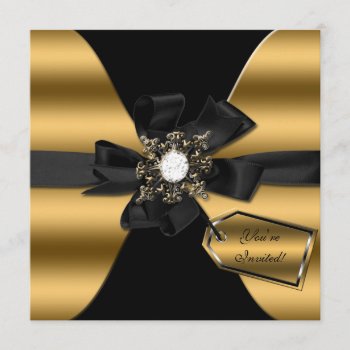 Gold And Black Diamond Bowed Invite by TreasureTheMoments at Zazzle