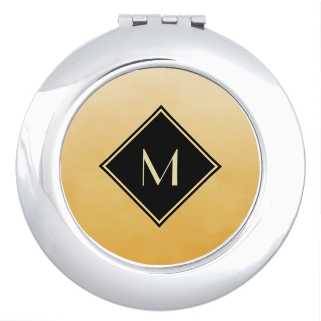 Gold and Black Diamond Monogram Initial Design Compact Mirror (Front)